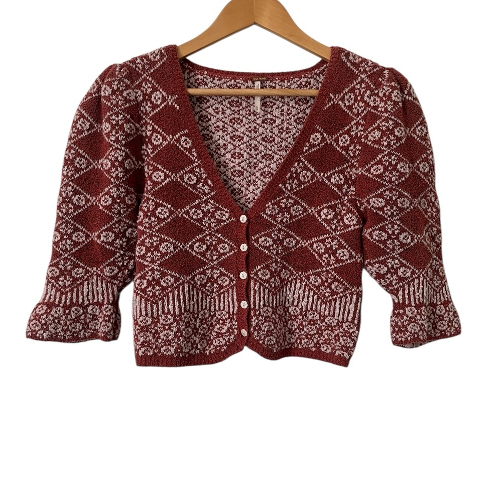 Free People Geo Floral Orchid Cinnamon Cropped Knit Cardigan Size Medium